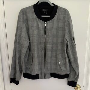 DKNY Gray and Black Bomber Jacket with Plaid Design